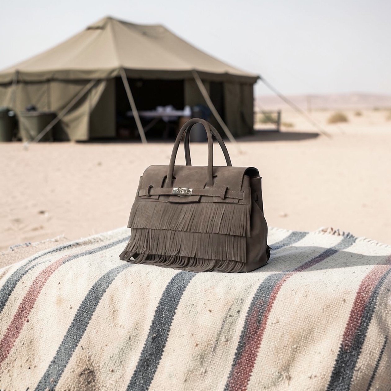 Brown Fringe Tote at tent camp