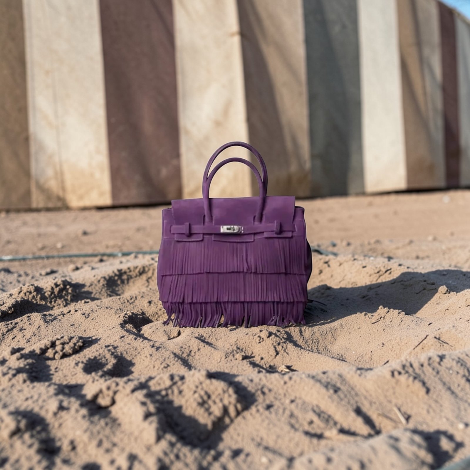 Orchid Fringe Tote on desert sand